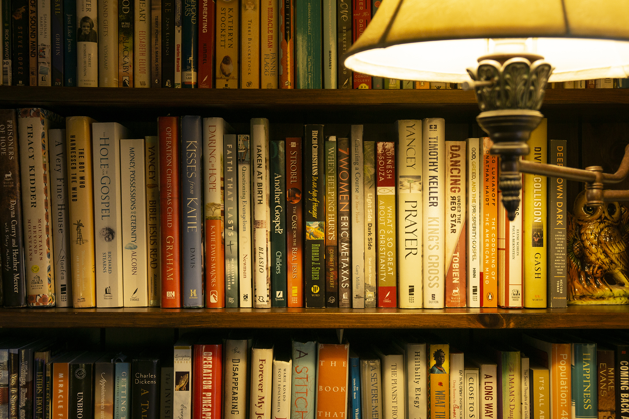 Books on a shelf with light