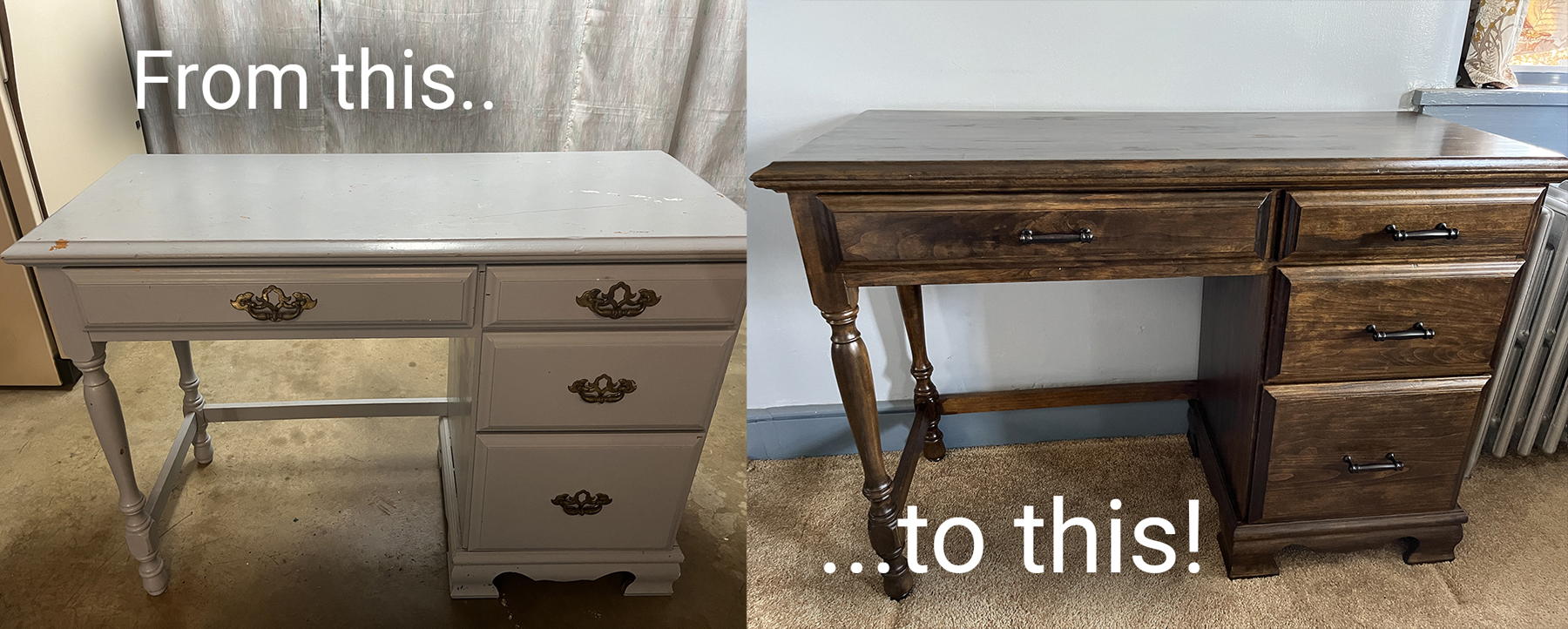 Shows before and after desk restoration project