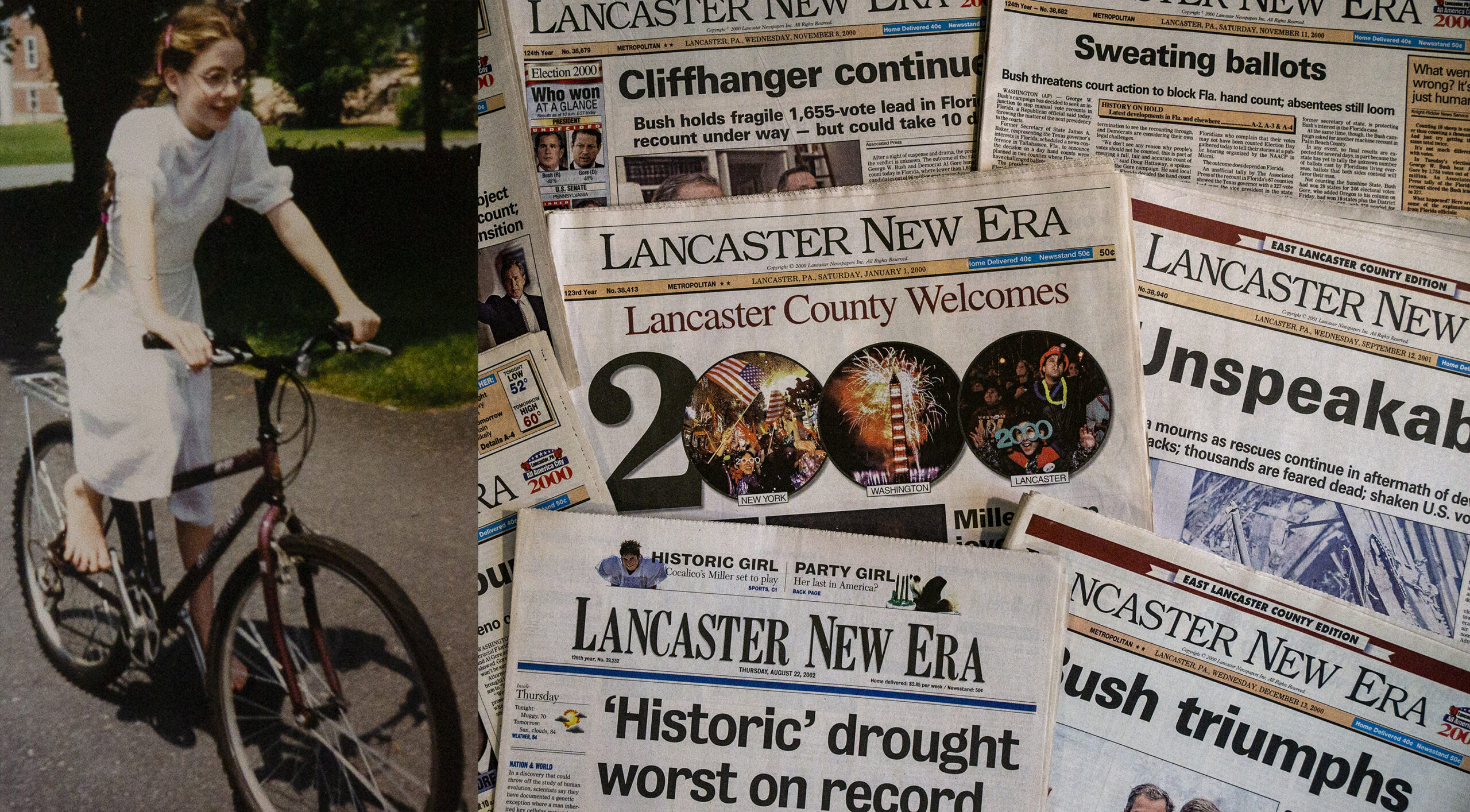 Newspapers from the early 2000s and a girl on a bike